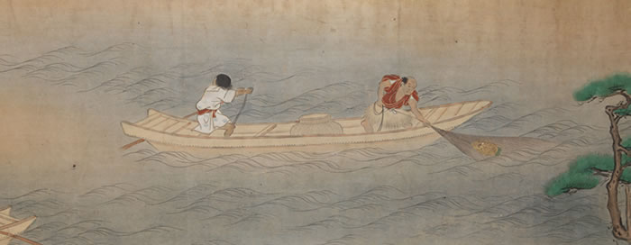 Historical drawing of fishermen casting a net